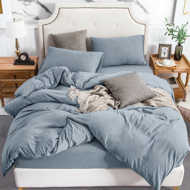 PURE ERA Jersey Knit Duvet Cover Set 100% T-Shirt Cotton Super Soft Comfy 3pc Bedding Set with Zipper Closure (Heather Blueish Grey, Queen) - Image 1
